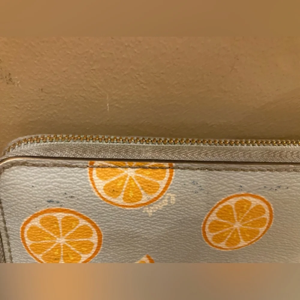 Coach Medium Zip Around Wallet Orange Slice Print Leather‎ Blue Orange